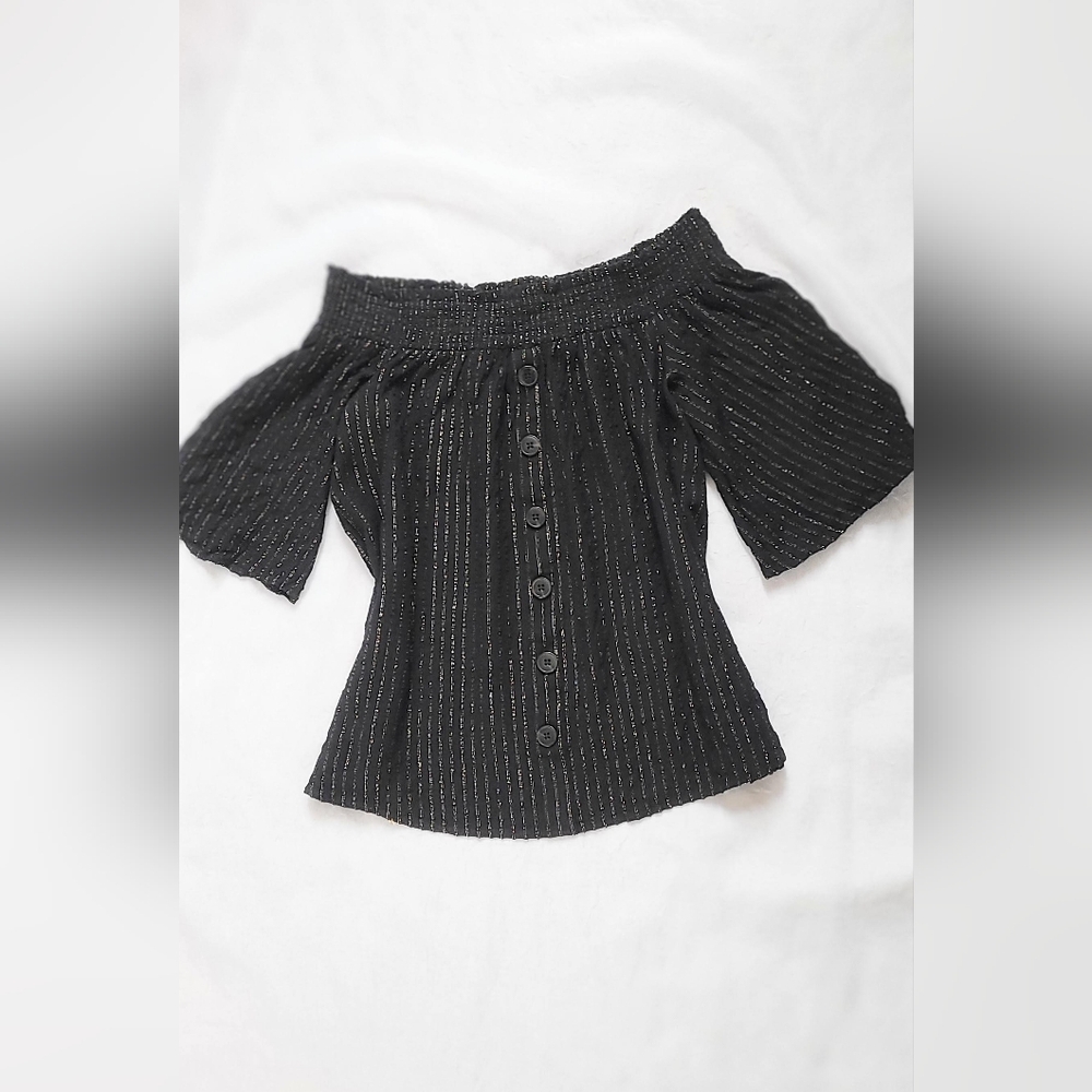 NWOT!Off The Shoulder Button Front Metallic Striped Women's Boho Chic  Top Small - Picture 5 of 9